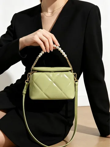 Bolso de Hombro de Cuero de Vaca Acolchado de Diamantes Asa de Cadena de Perlas Bolso de Bandoliera Cuadrado Moda Mujer