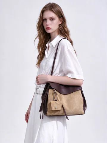 Bolso de Hombro de Cuero Genuino Patchwork para Mujer Bolso Bandolera con Solapa en Contraste Bolso de Mano Casual con Borla