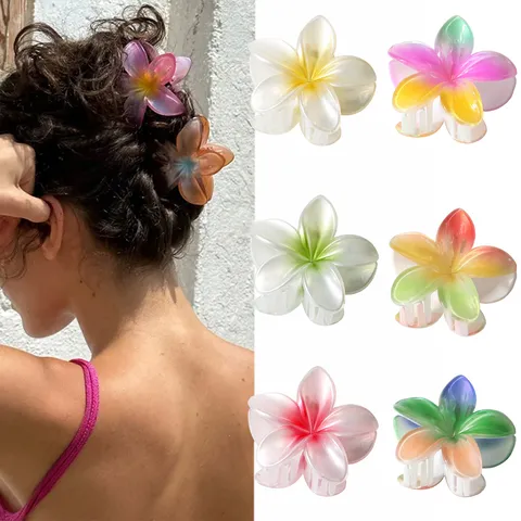 Tropical Plumeria Flower Hair Claw Clip Plastic Gradient Matte Lacquered Shark Clip Hawaiian Style Hair Accessories For Women Beach Vacation Gift