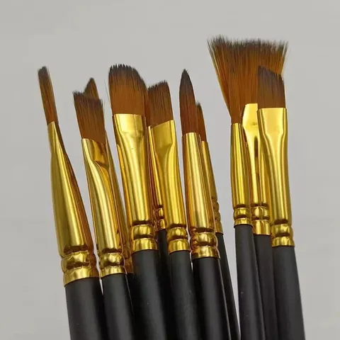 Professional 12Pcs Nylon Paint Brush Set For Watercolor Oil Acrylic Painting Artists Students Black Wood Handle Painting Brushes Kit
