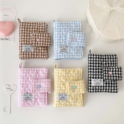 Funda de Cuaderno de Hojas Sueltas Acolchada de Cuadros Estilo Coreano Con Botón de Presión de Corazón Tela de Poliéster Organizador de Papelería