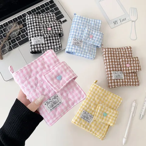 Funda de Cuaderno de Hojas Sueltas Acolchada de Cuadros Estilo Coreano Con Botón de Presión de Corazón Tela de Poliéster Organizador de Papelería