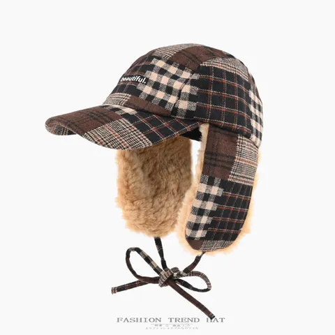 Vintage Plaid Woolen Trapper Hat For Men Women Winter Warm Earflap Aviator Hat Fleece Lined Ski Hat Windproof Bomber Hat