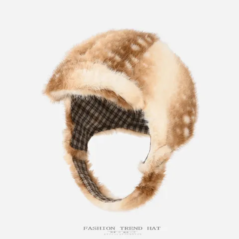 Unisex Winter Warm Trapper Hat Faux Fur Plush Ushanka Ear Flaps Cap Double-sided Wearable Deer Print Plaid Lining Cycling Flying Hat