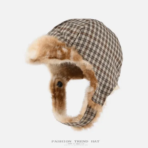 Unisex Winter Warm Trapper Hat Faux Fur Plush Ushanka Ear Flaps Cap Double-sided Wearable Deer Print Plaid Lining Cycling Flying Hat
