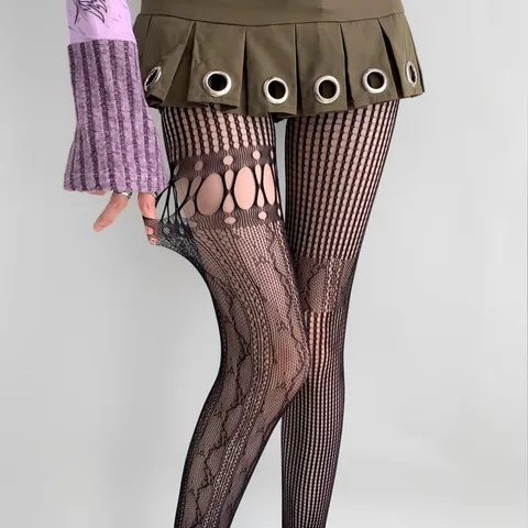 American Vintage Sexy Hollow Out Fishnet Tights For Women Patchwork Asymmetrical Jacquard Pattern Shaping Tights Pantyhose