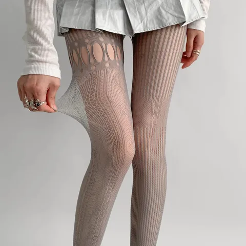 American Vintage Sexy Hollow Out Fishnet Tights For Women Patchwork Asymmetrical Jacquard Pattern Shaping Tights Pantyhose