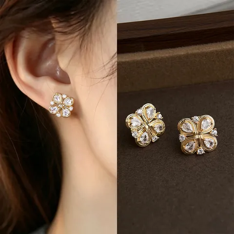 Light Luxury Copper Zirconia Stud Earrings For Women Minimalist Floral Bow Geometric Artificial Pearl Earrings Fashion Jewelry