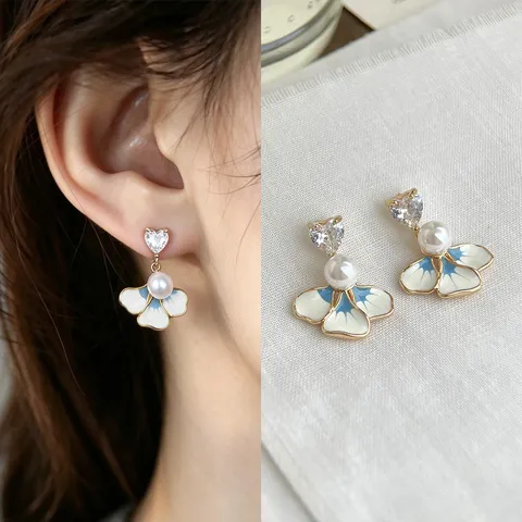 Sweet Enamel Drip Glaze Floral Butterfly Stud Earrings For Women Copper Rhinestone Flower Tulip Earrings Jewelry Gift