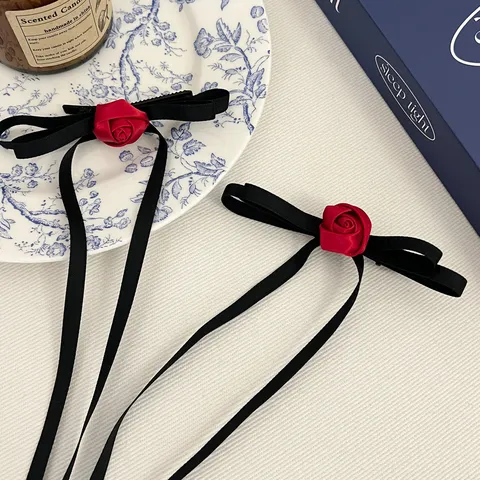 Elegant Balletcore Rose Hair Bow Clip Black Satin Ribbon Streamer Red Floral Hair Tie Handmade Hairpin Women Hair Accessories