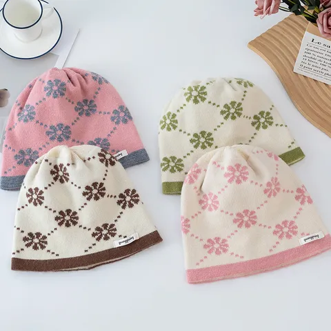 Damen Jacquard Strickmütze Beanie Winter Warm Blume Argyle Muster Strickkappe Süßer Stil Outdoor Winddicht Kaltwetter Mütze