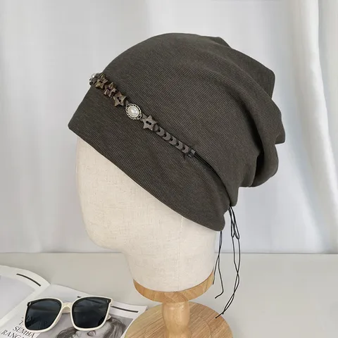 Vintage Stern Dekor Strickmütze Für Damen Winter Warm Gerippte Slouch-Beanie Mit Kette Und Künstlichen Perlenakzenten Mode Kopfbedeckung