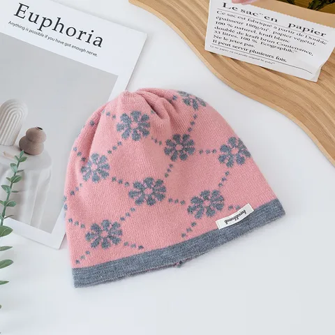 Damen Jacquard Strickmütze Beanie Winter Warm Blume Argyle Muster Strickkappe Süßer Stil Outdoor Winddicht Kaltwetter Mütze