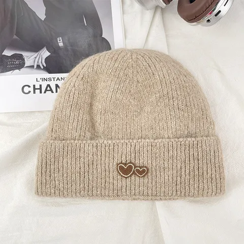 Damen Strickmütze Beanie Winter Warm Gehörschutz Verdickt Doppeltes Herz Stickerei Koreanischer Stil Lässiger Weicher Beanie