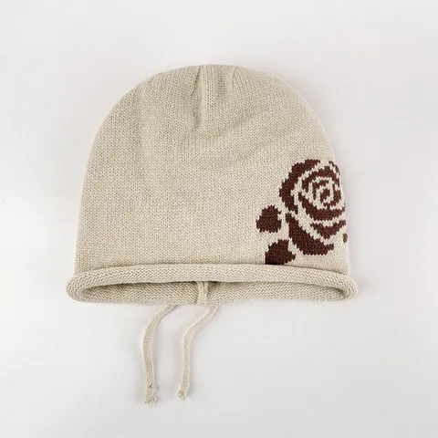 Damen Rose Jacquard Strickmütze Herbst Winter Warm Slouch Beanie Kordelzug Kältemütze Ohrenschutz Mode Kopfbedeckung