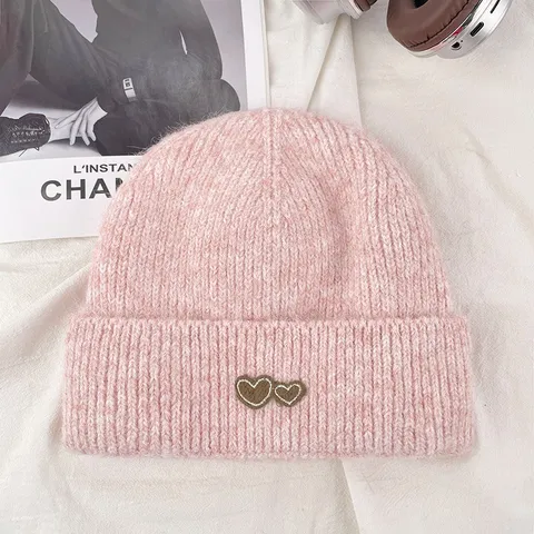 Damen Strickmütze Beanie Winter Warm Gehörschutz Verdickt Doppeltes Herz Stickerei Koreanischer Stil Lässiger Weicher Beanie