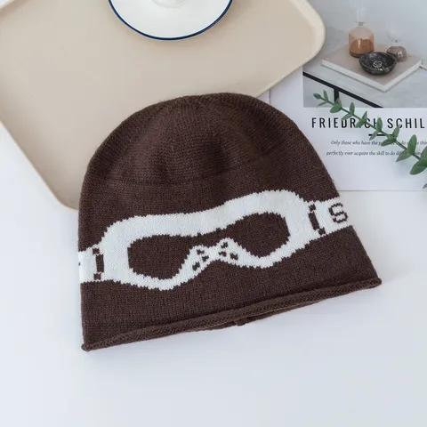 Damen Warme Strickmütze Brillen-Jacquard-Muster Winter Kälteschutz Ohrenschutz Lässige Einfarbige Weiche Skull Cap