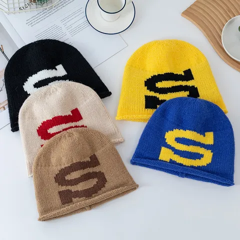 Damen S Buchstabe Strickmütze Winter Warm Gehörschutz Strick Beanie Einfarbig Mode Vielseitig Umschlagmütze Für Herbst Winter