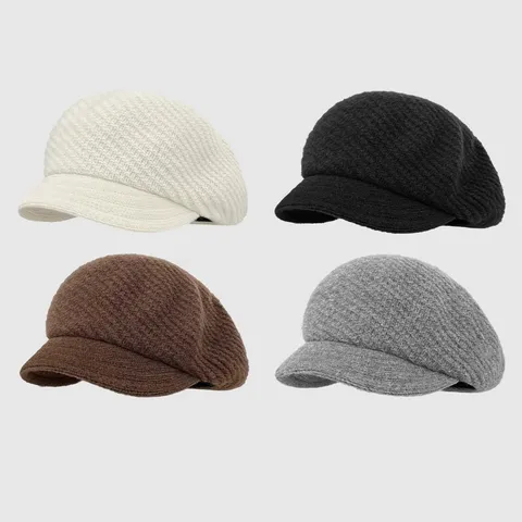 Damen Wollmischung Gestrickte Baskenmütze Herbst Winter Warm Gehörschutz Schiebermütze Mode Gestreift Einfarbig Verstellbare Weiche Kappe