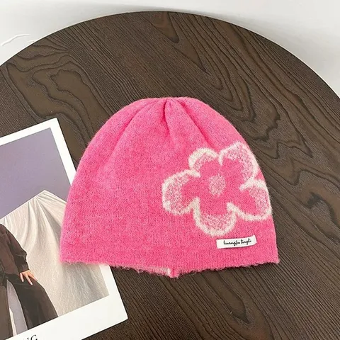 Koreanischer Stil Blume Strickmütze Für Damen Winter Warm Weich Schlapphut Floral Muster Kopfbedeckung Zubehör