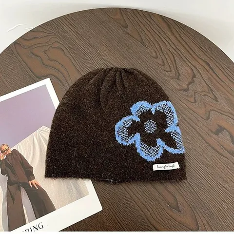 Koreanischer Stil Blume Strickmütze Für Damen Winter Warm Weich Schlapphut Floral Muster Kopfbedeckung Zubehör