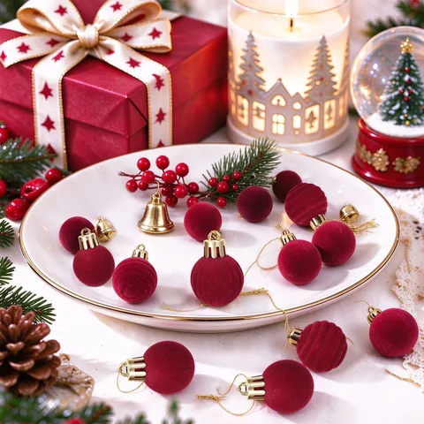 Mini Flocked Christmas Balls Shatterproof Wine Red Velvet Hanging Ornaments For Christmas Tree Party Home Festival Decoration