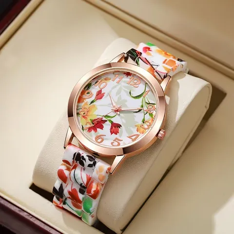Fashion Women's Quartz Watch Colorful Floral Print Silicone Strap Round Alloy Case Analog Wrist Watch Casual Ladies Jewelry Gift
