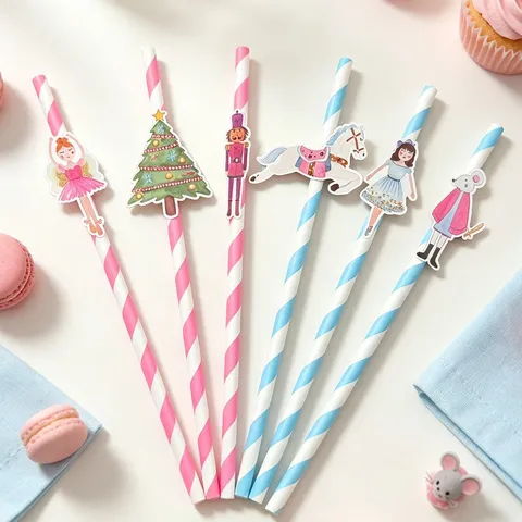 6Pcs Pajitas de Papel con Tema de Cascanueces Decoraciones para Fiestas de Navidad Pajitas Rayadas para Mesa de Postres de Cumpleaños Decor