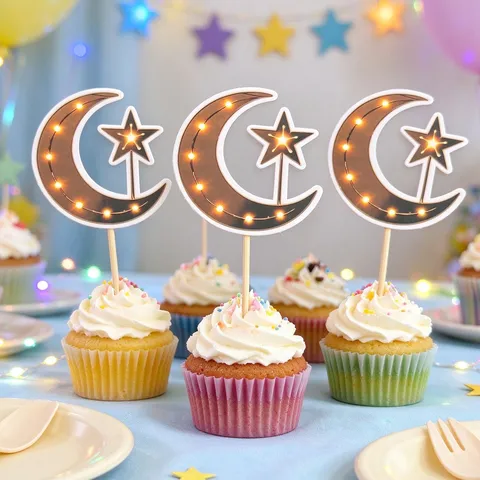 Star Moon Cake Toppers With Warm Light Effect Paper Wood Picks For Eid Birthday Party Cupcake Dessert Decorations
