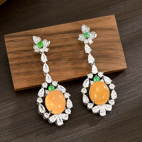 Pendientes Largos de Trébol de Cuatro Hojas Estilo Chino para Mujer Circonia Incrustada Vintage Amarillo Cabujón Joyería