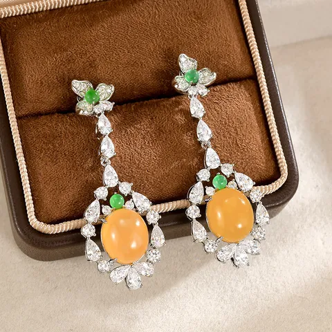 Pendientes Largos de Trébol de Cuatro Hojas Estilo Chino para Mujer Circonia Incrustada Vintage Amarillo Cabujón Joyería