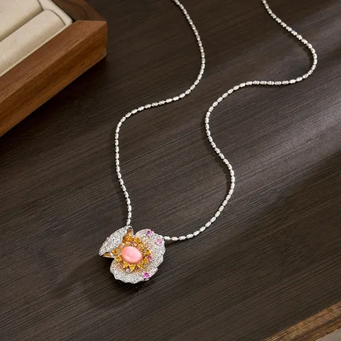 Nuovo Stile Cinese Rosa Conchiglia Regina Fiore Ciondolo Collana Lusso Rame Zirconia Intarsiato Floreale Gioielli