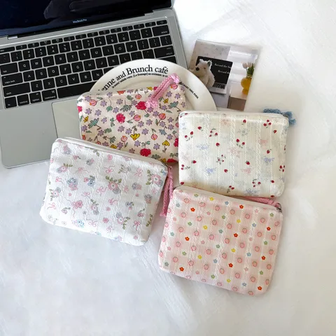 Vintage Floral Fabric Coin Purse Portable Cotton Canvas Storage Bag For Lipstick Earphones Women Makeup Organizer Pouch