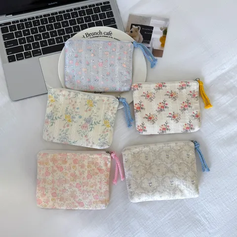 Vintage Floral Fabric Coin Purse Portable Cotton Canvas Storage Bag For Lipstick Earphones Women Makeup Organizer Pouch