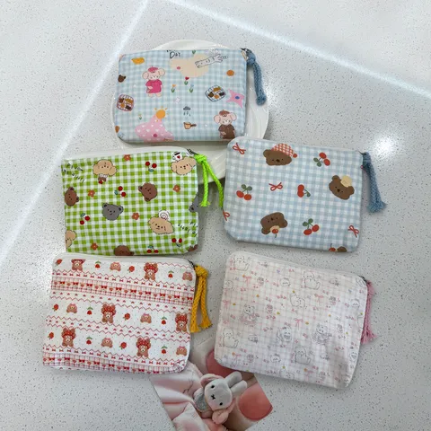 Cute Cartoon Plaid Canvas Coin Purse Portable Cosmetic Bag Student Mini Zipper Pouch Storage Bag For Women Girls Daily Use