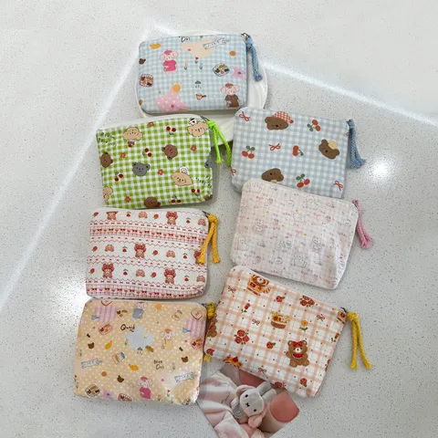 Cute Cartoon Plaid Canvas Coin Purse Portable Cosmetic Bag Student Mini Zipper Pouch Storage Bag For Women Girls Daily Use