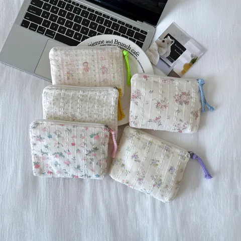 French Retro Floral Fabric Makeup Bag Small Portable Coin Purse For Lipstick Earphone Mini Floral Storage Pouch For Women Girls