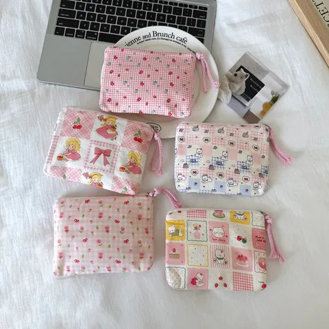 Korean Style Patchwork Plaid Fabric Coin Purse Cute Cartoon Animal Pattern Mini Storage Pouch For Earphone Jewelry Girls Gift Bag