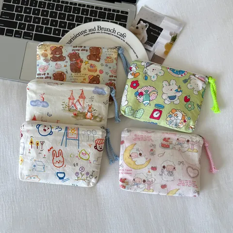 Japans Schattig Cartoon Dier Stof Make-uptas Draagbare Canvas Rits Opbergtas Mini Portemonnee Voor Lippenstift Sieraden Vrouwen