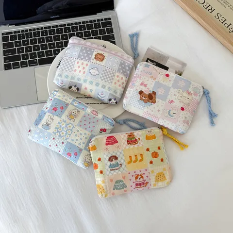 Korean Style Patchwork Plaid Fabric Coin Purse Cute Cartoon Animal Pattern Mini Storage Pouch For Earphone Jewelry Girls Gift Bag