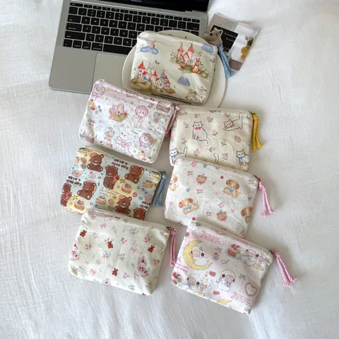 Japans Schattig Cartoon Dier Stof Make-uptas Draagbare Canvas Rits Opbergtas Mini Portemonnee Voor Lippenstift Sieraden Vrouwen