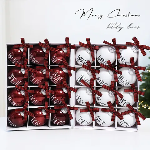 Ensemble de Boules de Noël en Verre Avec Nœud Plaid Lettre Festive Imprimée Boules Suspendues pour Sapin de Noël Maison Décor