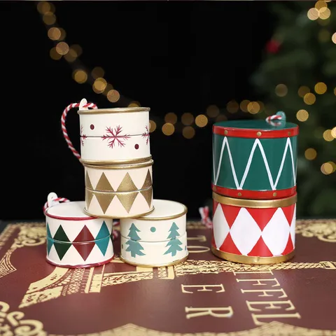 Vintage Hand Painted Iron Drum Christmas Tree Hanging Ornaments Metal Festive Holiday Decoration Miniature Drum Hanging Decorations
