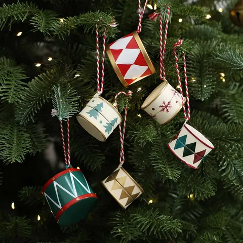 Vintage Hand Painted Iron Drum Christmas Tree Hanging Ornaments Metal Festive Holiday Decoration Miniature Drum Hanging Decorations