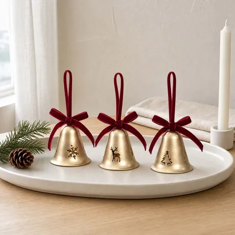 Cloches de Noël en Art du Fer Ornements Suspendus Nœud Évidé Flocons de Neige Design de Cerf Métal Or Grelots Décorations de Sapin de Noël Maison