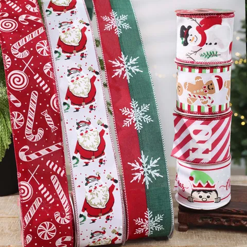 Weihnachten Drahtkante Juteband Cartoon Weihnachtsmann Schneemann Bedrucktes Dekostoffband Für Feiertagsbaumschleifen Party
