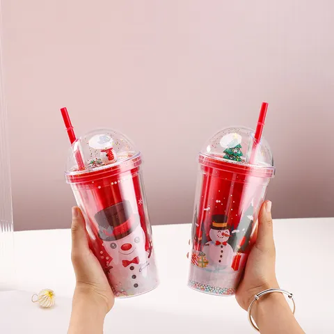 Double Walled Christmas Tumbler With Straw And Dome Lid Creative Cartoon Santa Snowman Reusable Plastic Travel Cup Holiday Gift