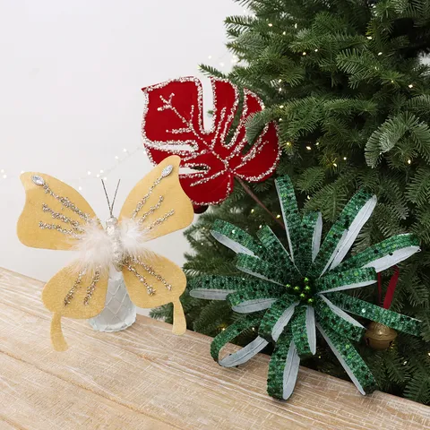 Weihnachten Stoff Bemalte Schmetterling Monstera Blatt Stecker DIY Glitzer Strass Feder Weihnachtsbaum Hängende Dekoration Ornamente