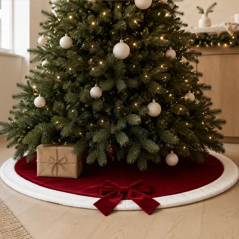 Rode Fluwelen Kerstboomschort Met Grote Strik Witte Bontrand Feestdagen Boom Basis Cover Vloermat Voor Huis Feest Decor