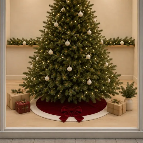 Rode Fluwelen Kerstboomschort Met Grote Strik Witte Bontrand Feestdagen Boom Basis Cover Vloermat Voor Huis Feest Decor